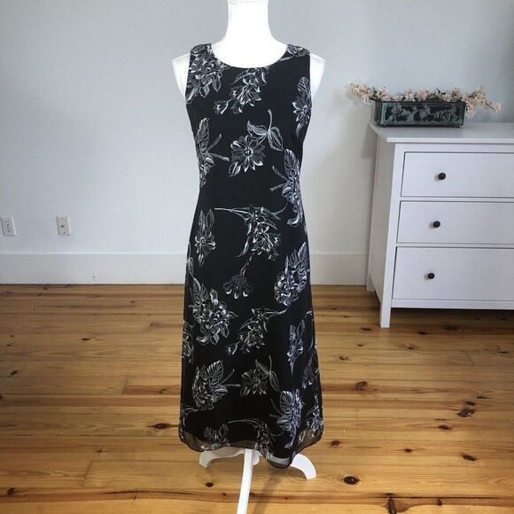 Vintage 90s Black Chiffon Floral Print Sheath Slip Dress 4 Petite Sleeveless - Picture 2 of 12
